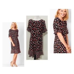 Talbots Women’s Petite 8P Floral Jewel-Neck Shift Dress Flounce Hem Bow Sleeve